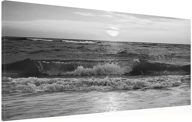 Large Modern Black and White Ocean Beach Sea Waves Canvas Wall Art Frame...