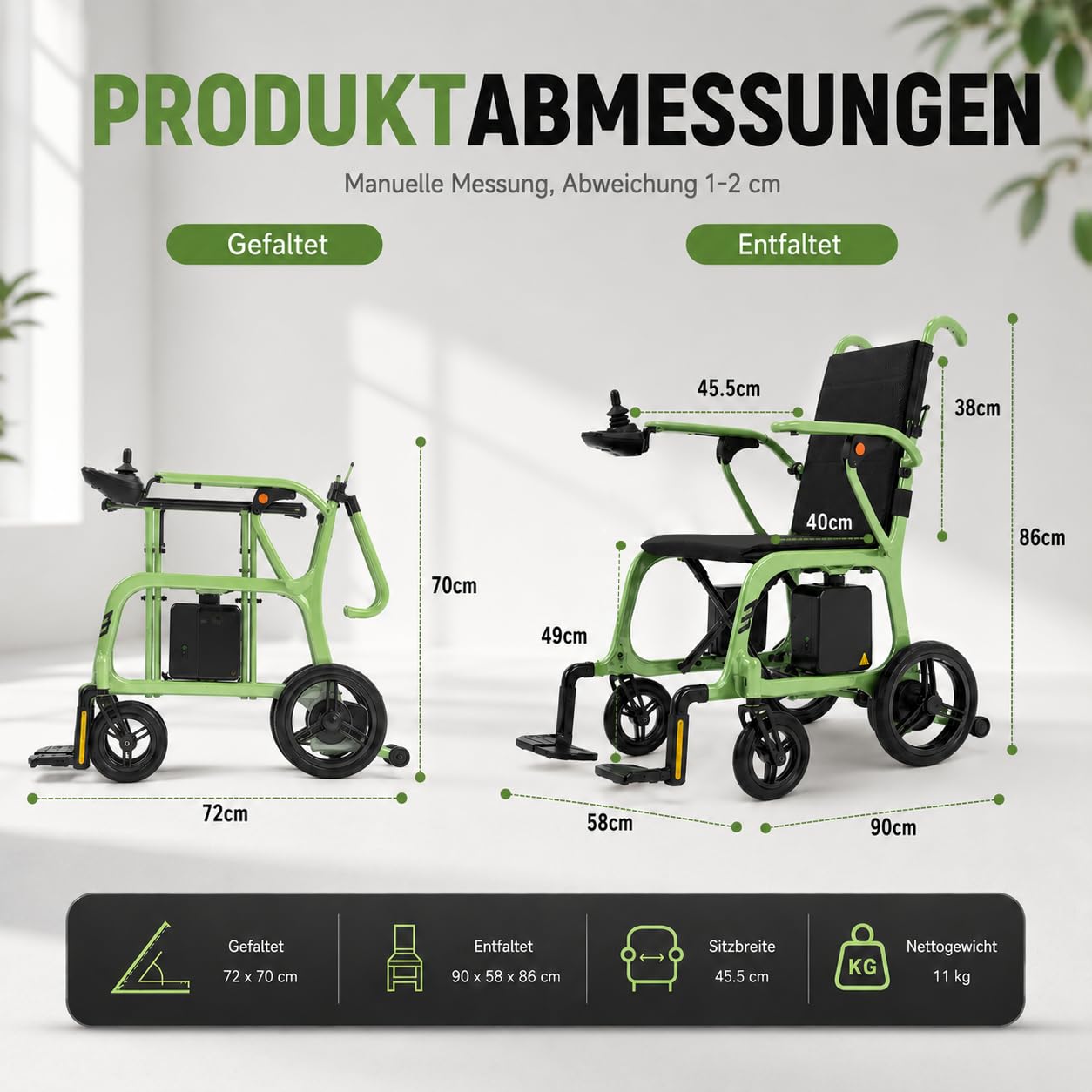 Nur 11 kg Rollstuhl Elektrisch Faltbar, LED-Anzeige, 100% Kohlefaser, 48+ km Reichweite Elektrischer Rolls, 2 * 12AH Batterien Elektrorollstuhl, mit Sitzkissen, Tragetasche, Staubschutzhülle