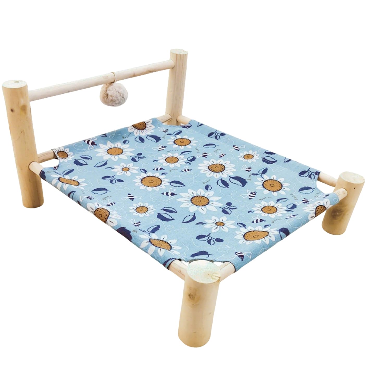 Lit surélevé en bois apaisant avec tapis lin lavable et balle peluche suspendue