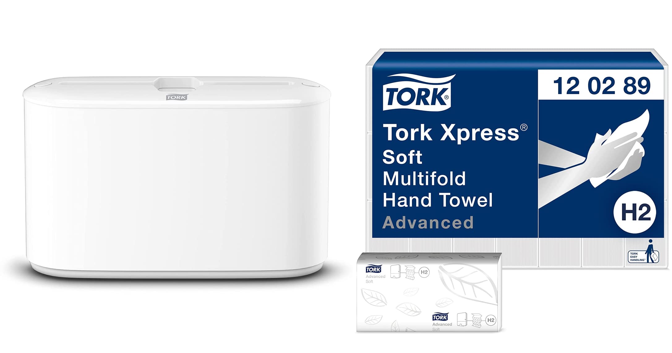 Tork Xpress Tischspender für Multifold Papierhandtücher - Weiß, 552200, H2 + Tork Xpress weiche Multifold Papierhandtücher 120289 - saugfähig und reißfest, 2-lagig, weiß - 21 x 180 Tücher