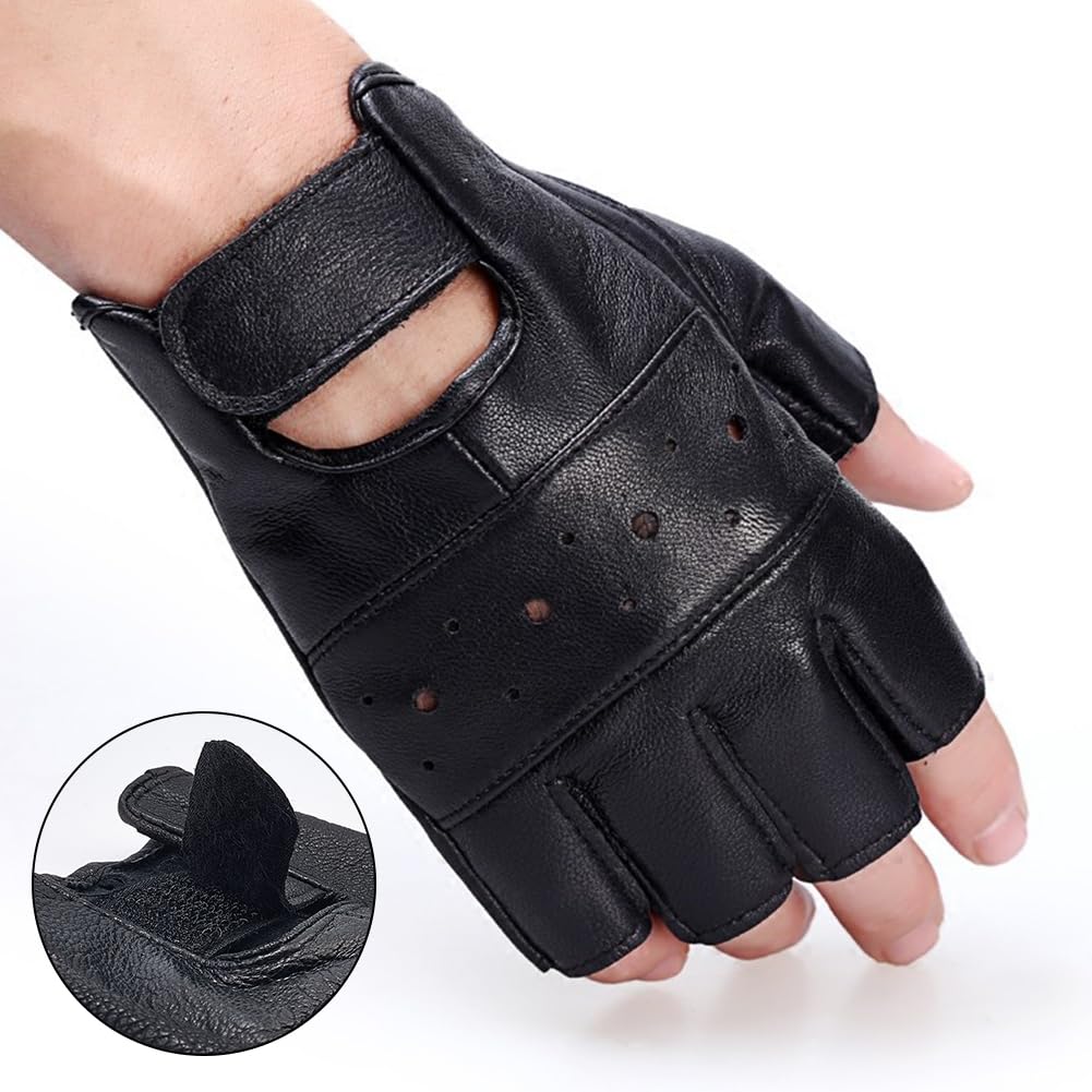 CALFOVERA 1 Pair Genuine Leather Gothic Half Finger Gloves Retro Perforated Punk Real Leather Palm Fingerless Motorcycle Hand Gloves for Women Men Performance Costume Cosplay Driving Bike Driving - Image 3