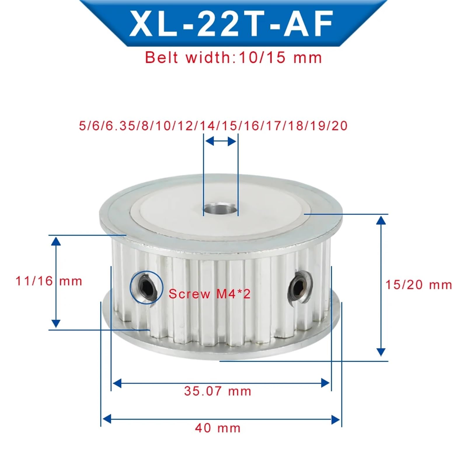 Polea de distribución 22T XL AF Forma Paso de dientes 5,08 mm Diámetro interior de la polea de la correa 5/6/6,35/7/810/12/14/15/16/17/18/19/20 mm Ancho de la correa 10/15 mm(18 mm,Belt Width 10 mm)