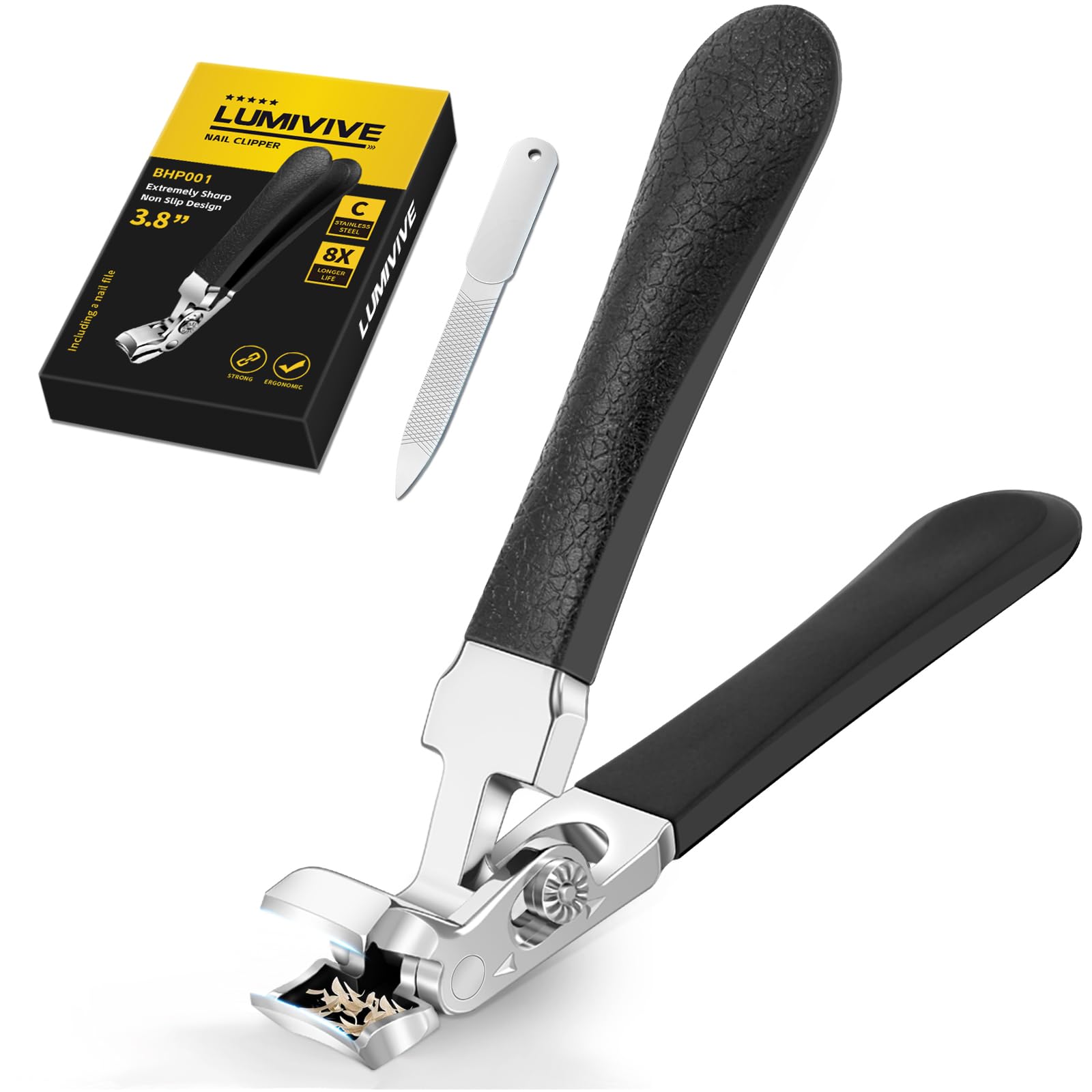 Toenail Clippers for Seniors Thick Nails, Ergonomic Wide Jaw Large Toenail Clippers for Men Women, Ultra-Sharp and Durable Angled Head Nail Clippers with Catcher, Black Long Handle
