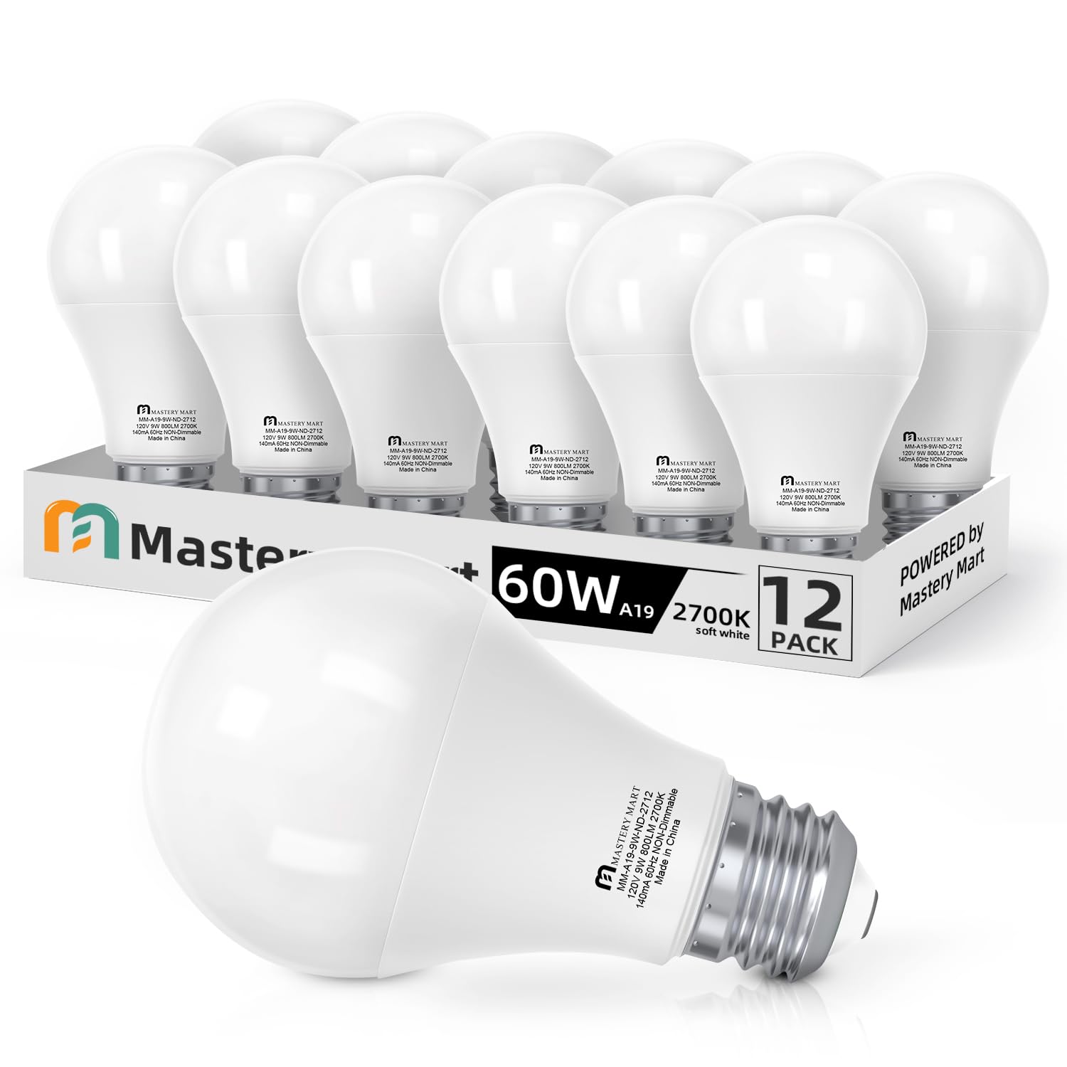 MASTERY MART A19 [60-Watt] Led Light Bulbs, E26 Base, 2700K Soft White Warm Light, 800 Lumens, CRI 80+, Non-Dimmable, Energy Star, UL Listed, 9W [60W Equivalent]- (12 Pack)