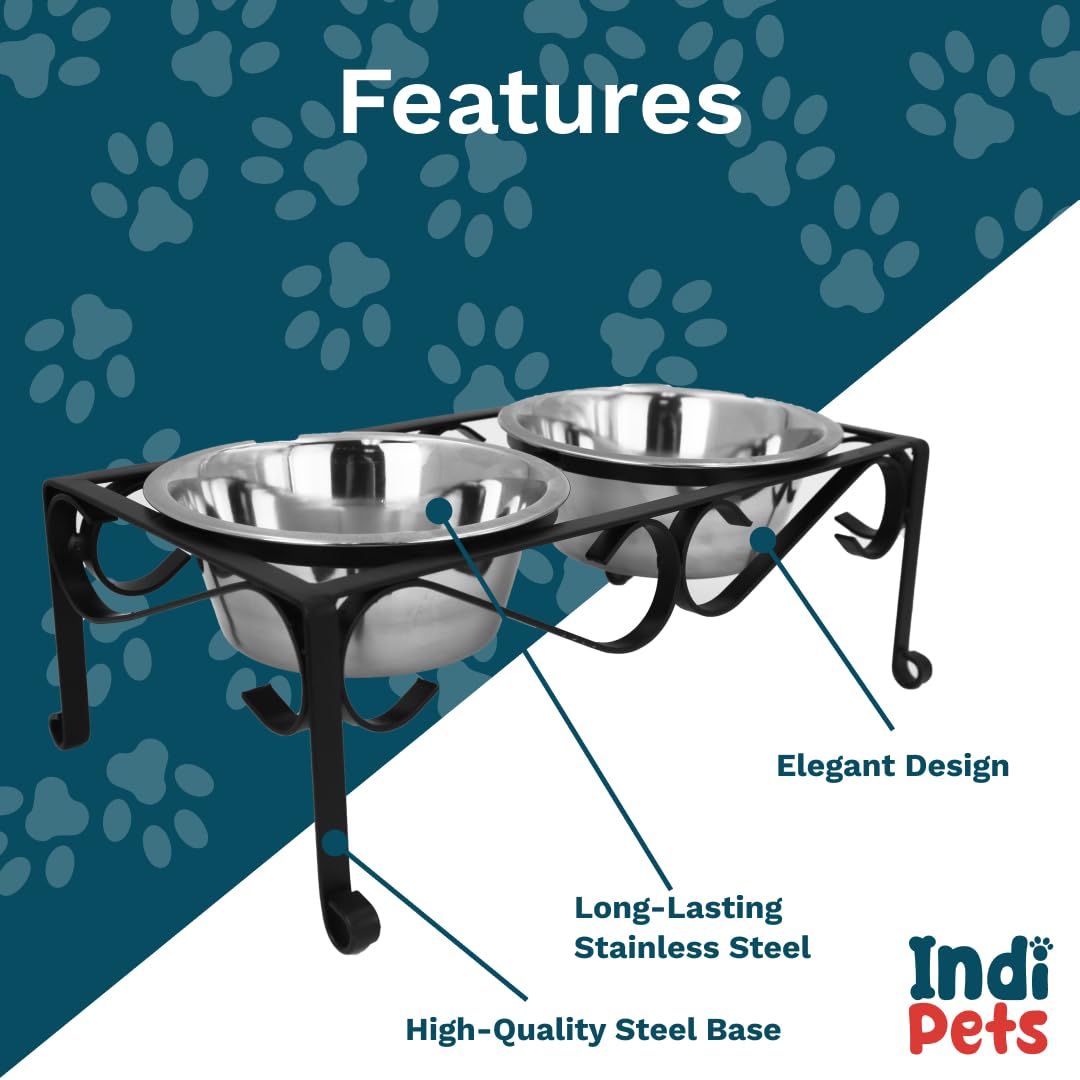 Indipets Comedero elevado de hierro forjado con dos cuencos de acero inoxidable para perros y gatos, cuencos elevados para mascotas, cuencos de acero inoxidable resistentes con soporte de hierro