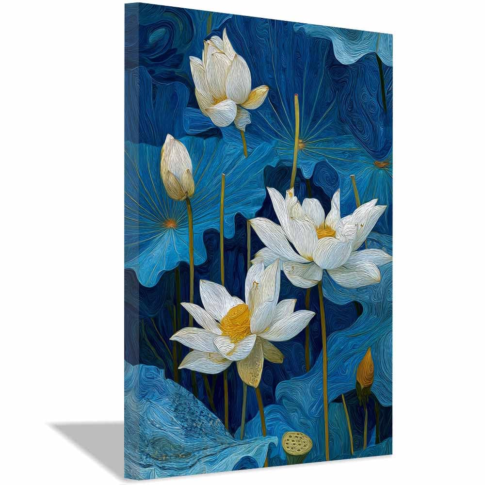 Xeniou Multicolor Flower Wall Art Canvas Whites Lotuses Painting Canvas Wall Art, For Living Room Bedroom Home Wall Decoration(Multicolor)-60X90cm Framed
