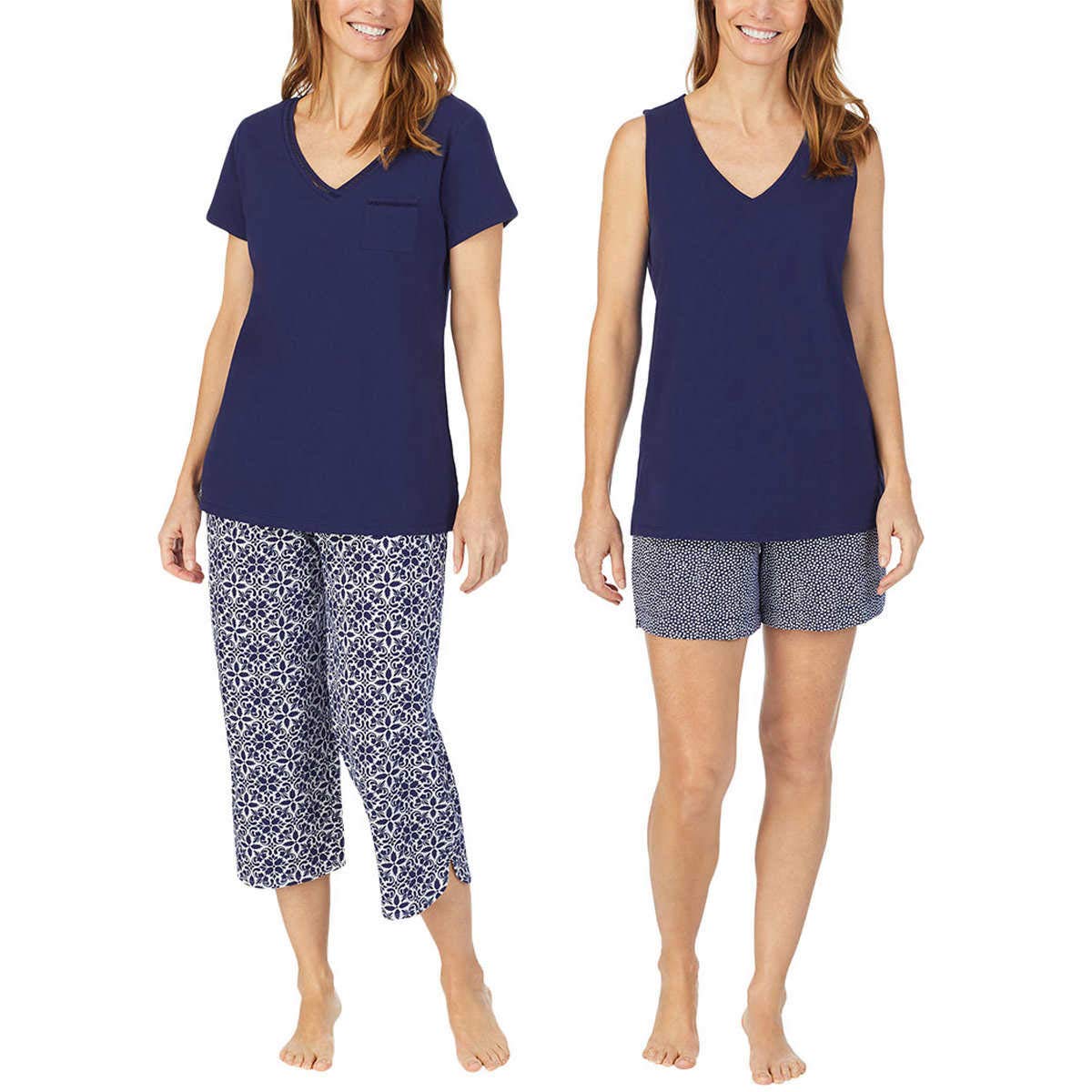 Carole HochmanWomen's 4-Piece 100% Cotton Pajama Set – V-Neck T-Shirt, Tank, Capri Pants & Shorts with Drawstring & Pockets