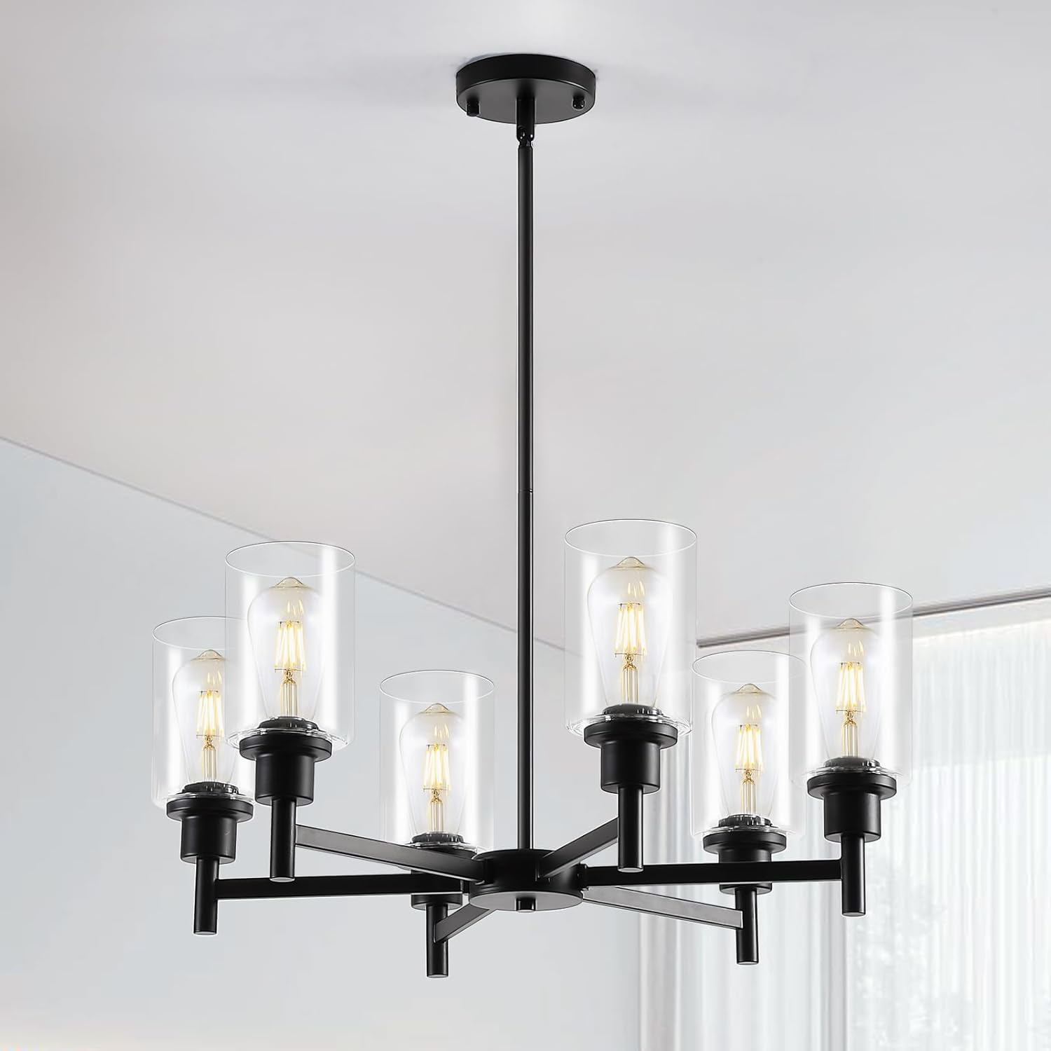 9MMML Farmhouse 6-Light Glass Chandelier, Modern Black Light Fixture for Kitchen Dining Room Over Table, Industrial Lighting for Living Room, Foyer, Entryway, E26 Bulb Base