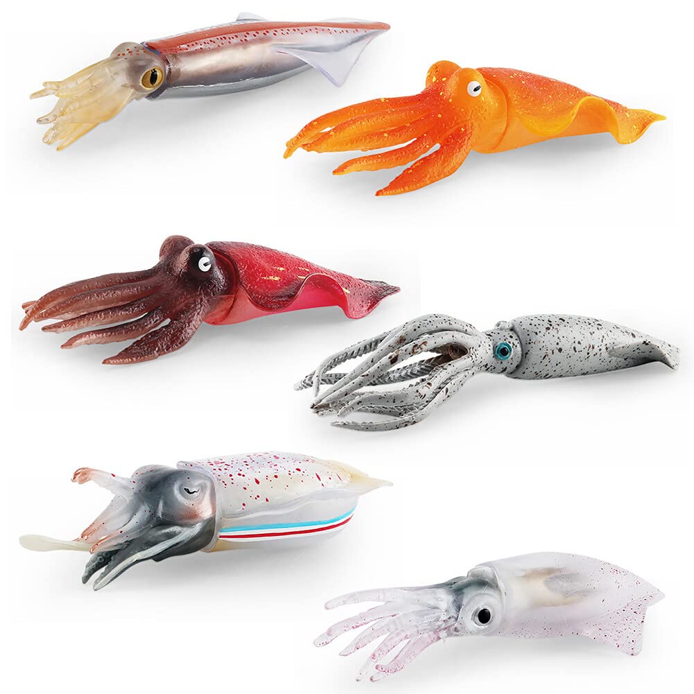 URFEDA 6Pcs Realistic Squid Animal Figurine, Miniature Squid Toy, Educational Kids Toy, Cake Decoration, Party Decoration, Model Collection