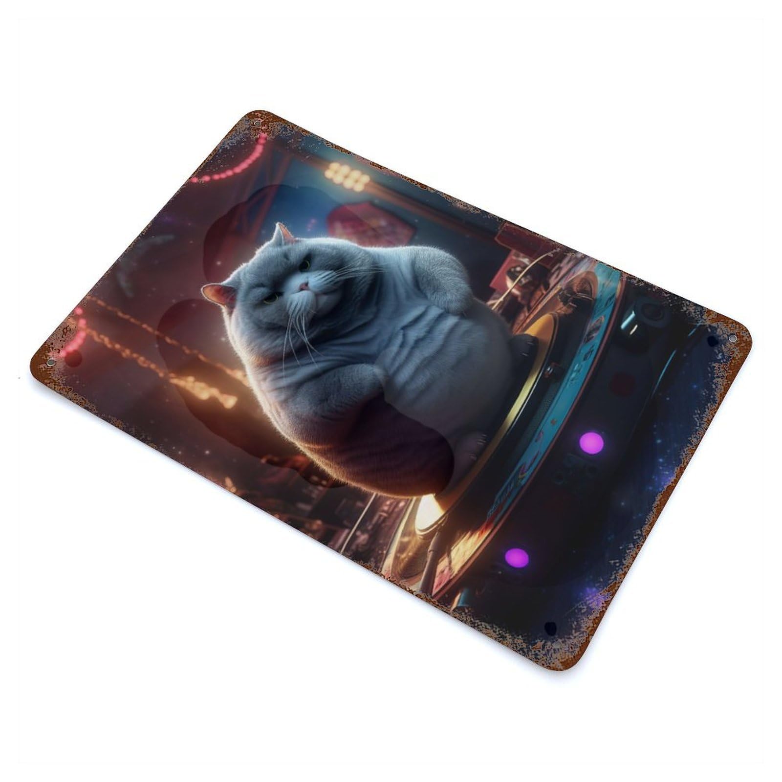 Rust Effect Fat Cat Turntable Dancing Rusty Metal Tin Sign 11.8"x7.9", Old School Wall Decor for Cafe, Home Bar And Lounge Decor