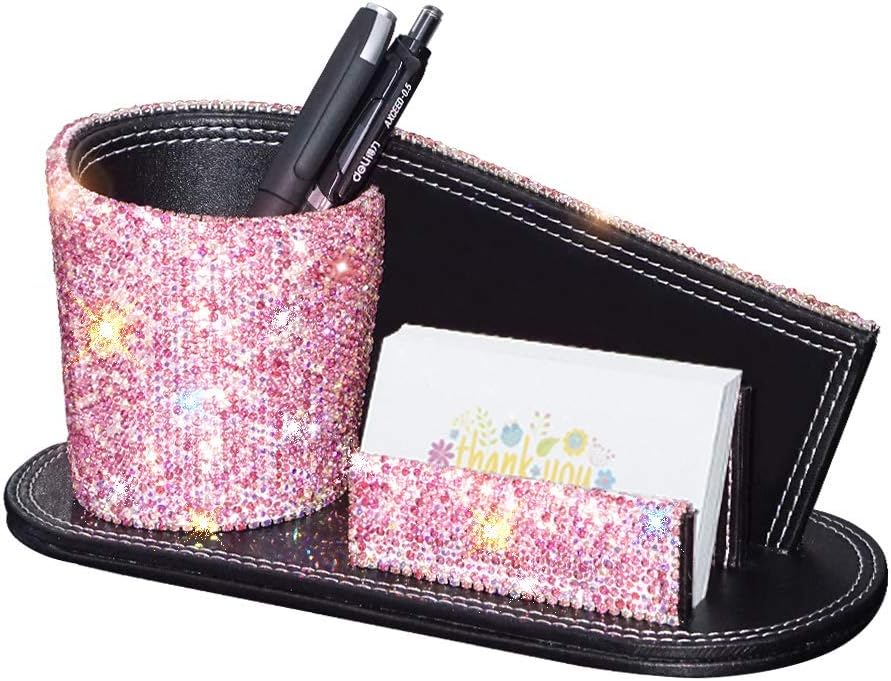 KEYPOWER Pen Pencil Holder Business Name Cards Decorative Bling Crystal Rhinestone PU Leather Gift for Women Girls (Pink)