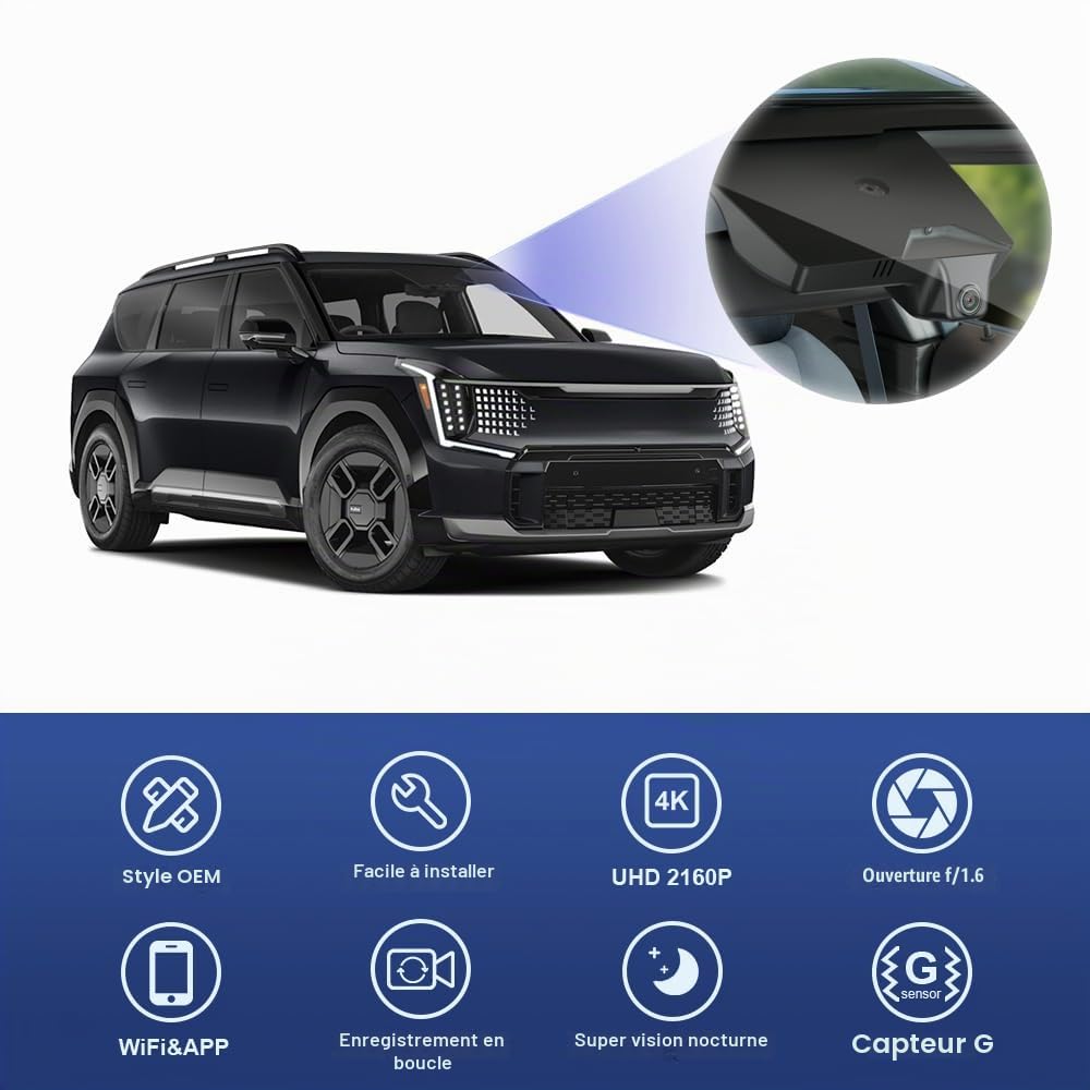 Fitcamx Caméra de Voiture Compatible avec Kia EV9 2023-2026 (Part No#DO000/DO500), OEM Dashcam 4K 2160P UHD Video WiFi, G-Senseur, Enregistrement en Boucle, WDR Dashcam Voiture, Plug&Play, Carte 64 Go