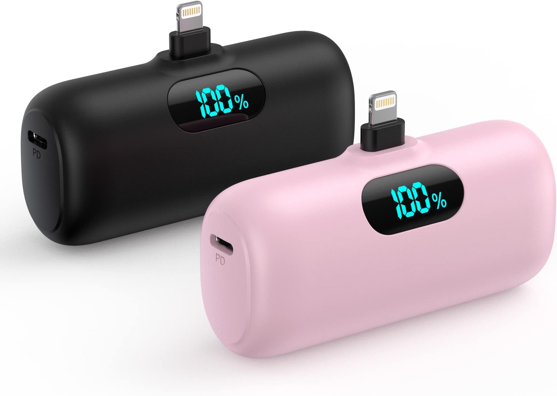[2 Pack] Mini Portable Charger 5000mAh,Ultra-Compact 15W PD Fast Charging Power Bank,LCD Display Cute Battery Pack Backup Charger Compatible with iPhone 14/14 Pro Max/13 Pro/12/11/XR/8/7-Black+ Pink