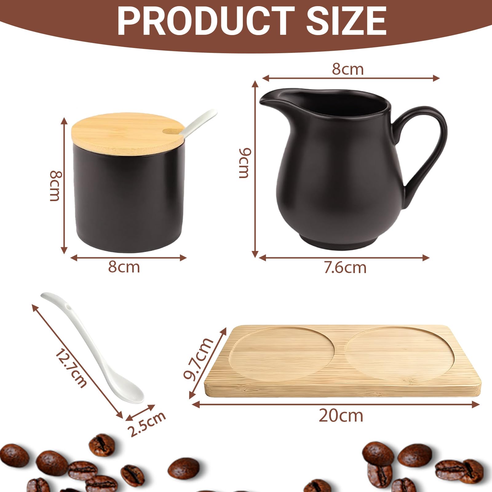 Juego de leche y azúcar con tapa y cuchara, jarra de leche negra de cerámica y azucarero, jarra de leche de cerámica con bandeja de madera, jarra de cerámica para nata y leche, apta para microondas y