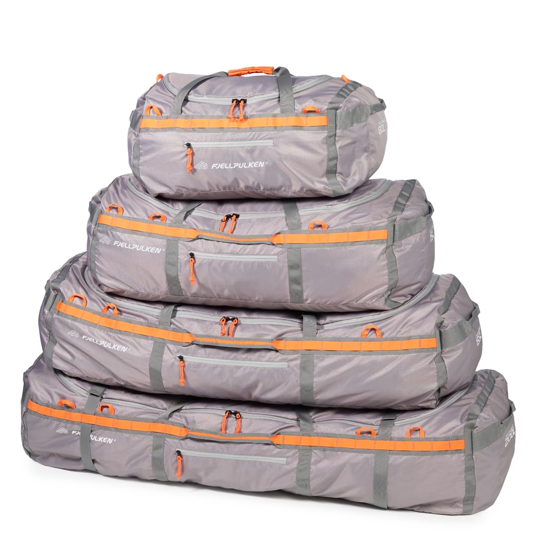 Packtasche für Sportausrüstung, robuste Seesäcke für Camping, Motorradfahren, Skifahren und Camping, Ausrüstung für Abenteuer, grau / orange, 80 Liter, Faltbare Multifunktionstasche