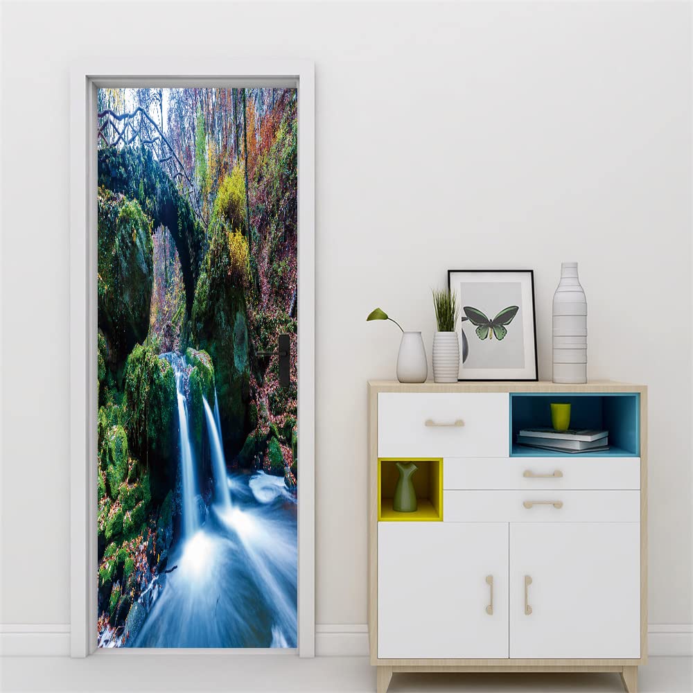 Sticker poster porte trompe l'oeil muraux PVC décoration mur salon cascade 95x215 cm
