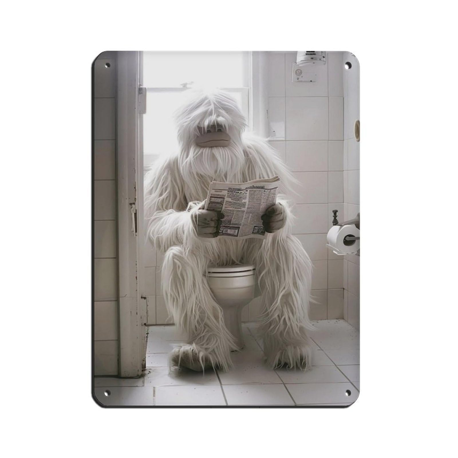 Yeti Sitting on The Toilet Reading A Newspaper Retro Poster Metal Tin Sign Chic Art Retro Iron Painting Bar People Cave Cafe Family Garage Poster Wall Decoration 12x16inch(30x40cm)