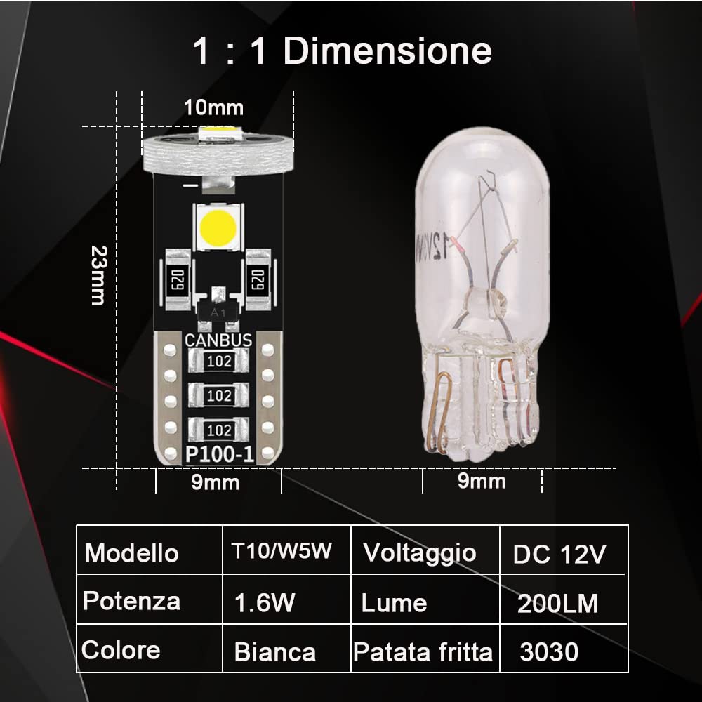 Lampadine LED T10 W5W 12V 6000K Per Auto - 10 Pezzi COB Senza Errori Canbus Per Luci Interne - Foto 4