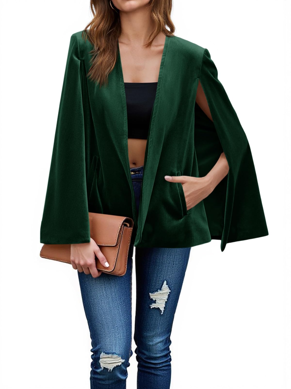 Women's Velvet Cape Blazer Jackets Casual Split Long Sleeve Open Front Coat-image-34