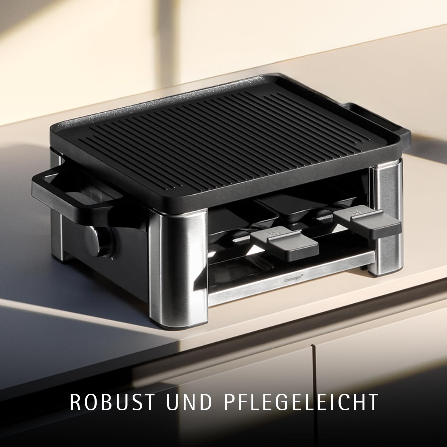 WMF Lono Raclette Grill für 4 Personen Tischgrill Cromargan Edelstahl 870 W antihaftbeschichtete Grillplatte spülmaschinengeeignet
