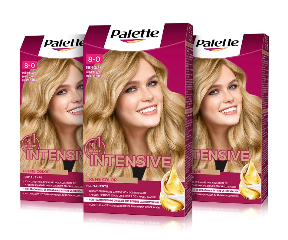 Palette Intensive Creme Color 8-0 Rubio Claro, tinte de pelo permanente con aceite de macadamia y almendras, cubre el 100% de las canas y raíces, para un color radiante, Pack 3