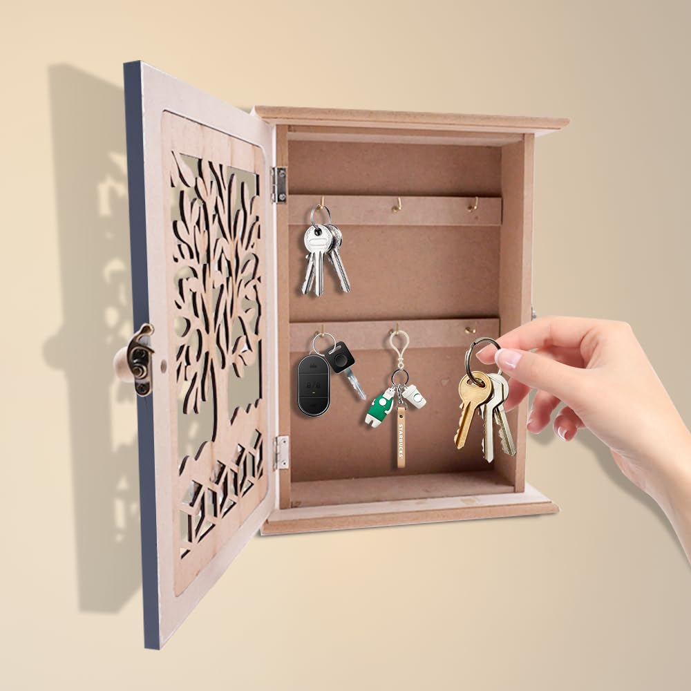 Schlüsselkasten Sparkasten Schlüsselschrank Holz Schlüsselkasten Modern mit Lebensbaum Schlüsselschrank 6 Schlüsselhaken für Eingang,Flur,Büro Schlüsselhalter 28.5 * 22 * 7cm