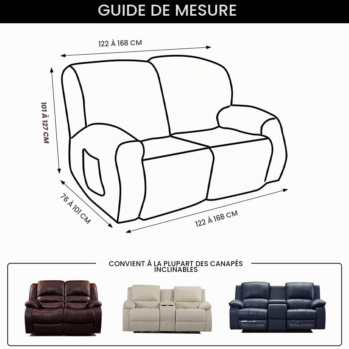 FANSU Housse de Fauteuil Relax Extensible 2 Places, Cuir PU Housse de Fauteuil Relax Inclinable Electrique avec Poche, 6 Pièce Protege de Meubles pour Canapé (2 Places,Noir)