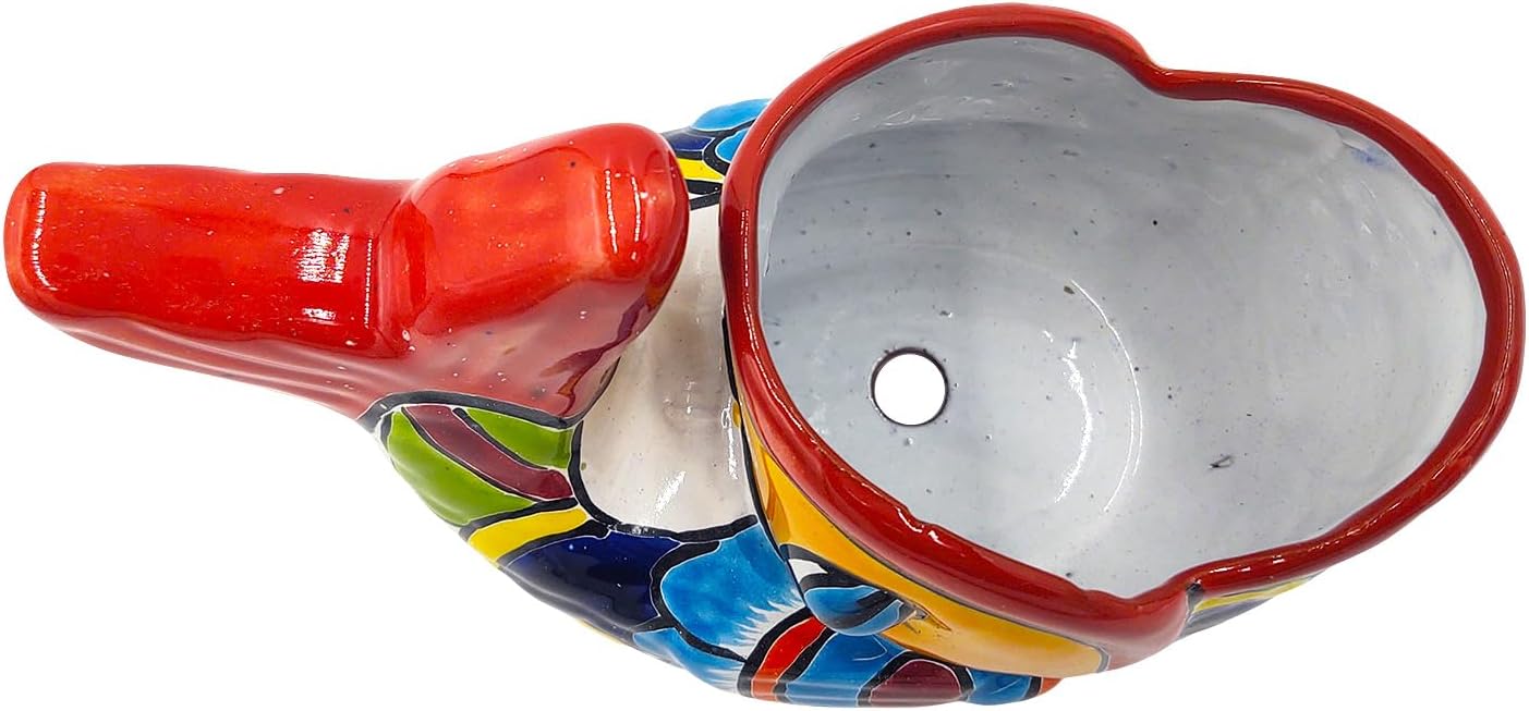 Cactus Canyon Ceramics PESCADO Bonsai (Fish) Mexican Talavera Planter Pot (10.5" L x 6" W x 8" H) Hand Painted - RED Trim - Mexican Decor Marine Life Planter