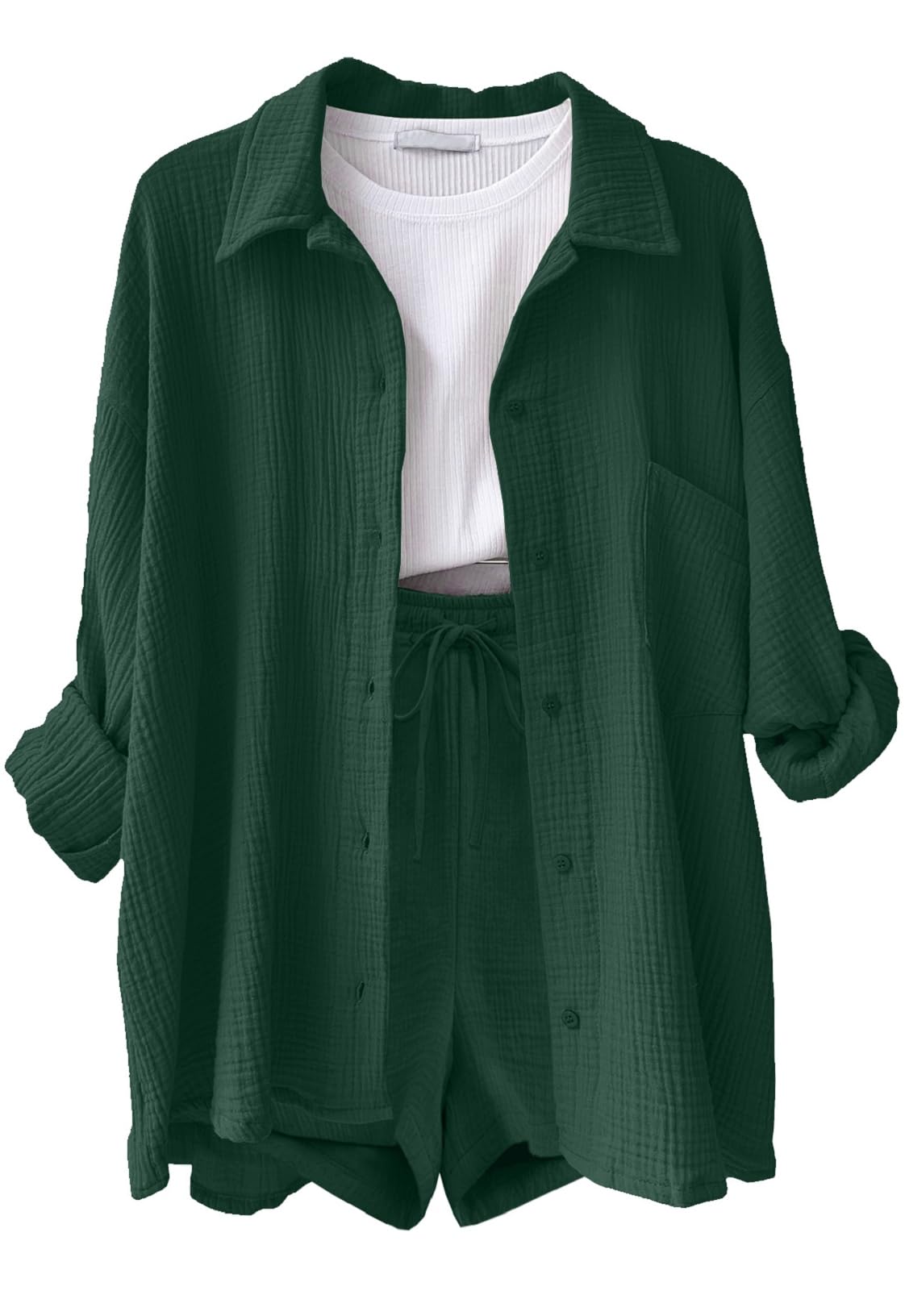 Completo Donna Elegante 2 Pezzi in Lino e Cotone Estivo Tuta da Donna Estivi Camicia a Maniche Lunghe e Pantaloncini con Coulisse e Tasche Casual Completi Sportivo Tuta da Spiaggia