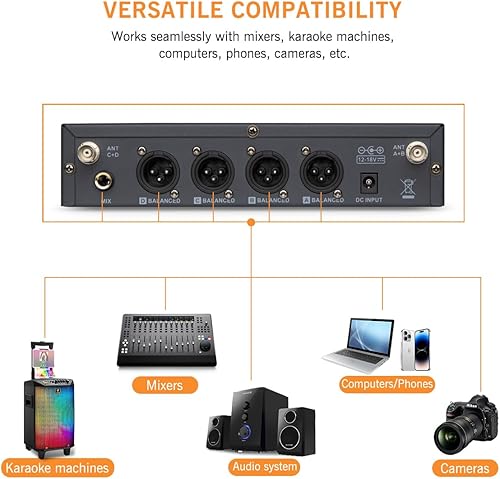 Miniatura 6 de Sistema de micrófono inalámbrico, 4 canales, 4 x 50 pulgadas, ajustable, UHF, micrófono inalámbrico de mano, carcasa de metal para iglesia, fiesta,