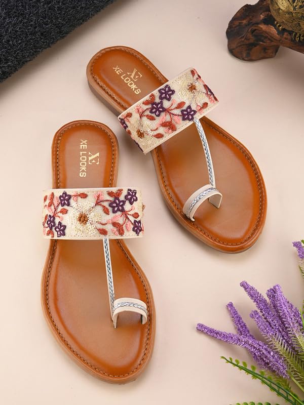 Image of XE Looks Women's Embroidered Toe-Ring Flats | Elegant Floral Strap Design with Cushioned Footbed | Stylish & Comfortable Ethnic Sandals for Girls & Women