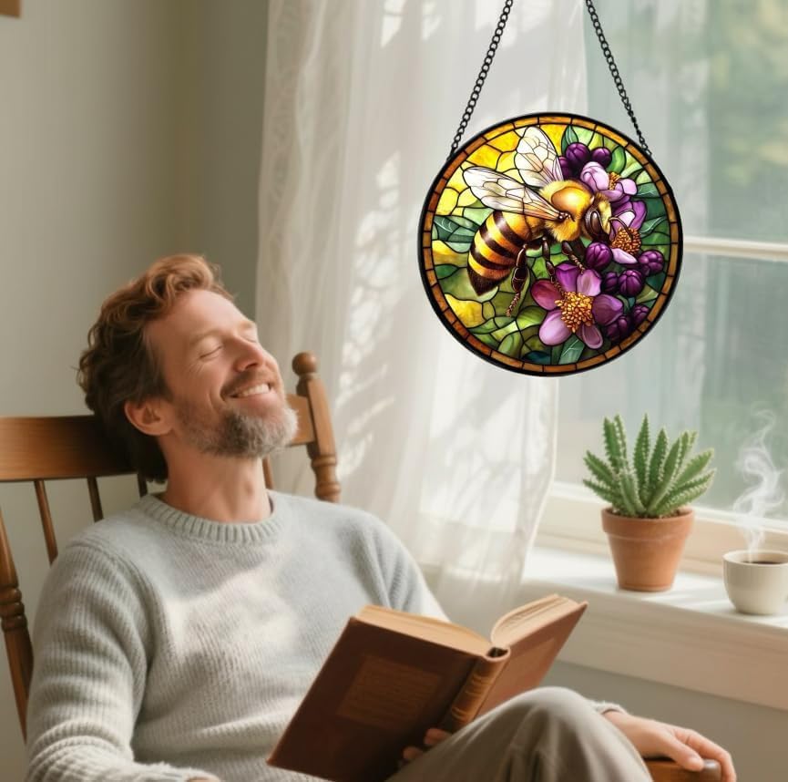 Bee Stained Glass Suncatcher Round Window Hanging Decor Colorful Floral Sun Catcher Panel Honey Bee Art for Home Kitchen Garden Living Room Gift