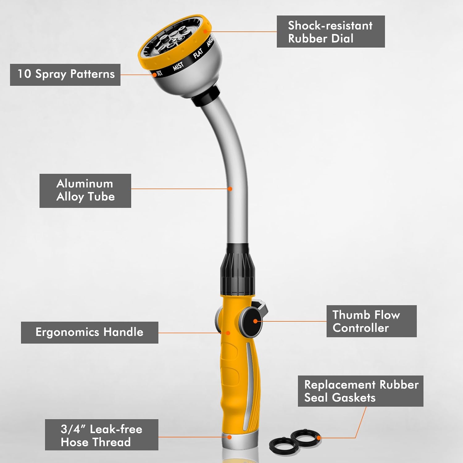 restmo watering wand heavy duty, metal garden hose wand with 10 spray patterns, 15-inch long hose nozzle sprayer with thumb flow control, ideal to water hanging baskets and shrubs, yellow