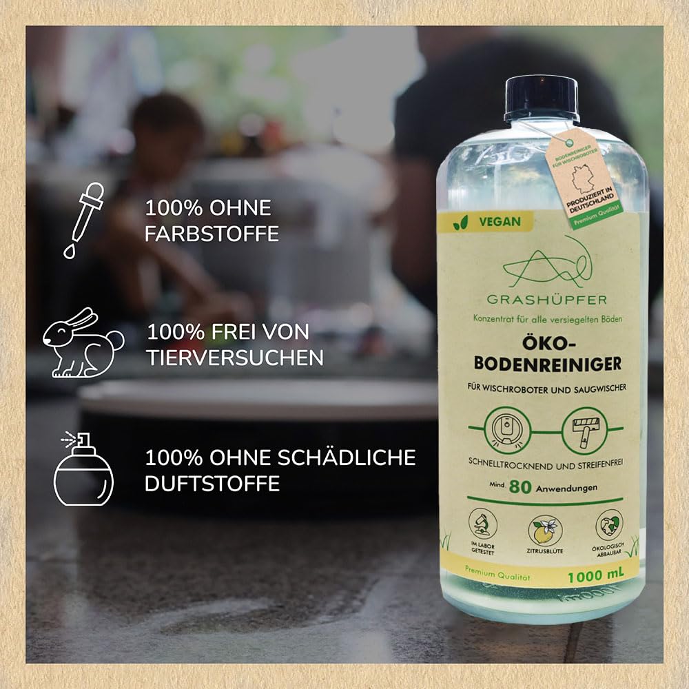 3er Set GRASHÜPFER® Öko Bodenreiniger für Wischroboter [ZITRUSBLÜTE] - Wischroboter Reinigungsmittel kompatibel mit Roborock, Dreame, Ecovacs & Co. für Laminat, Parkett, Vinyl & Fliesen - 3x1000 ml