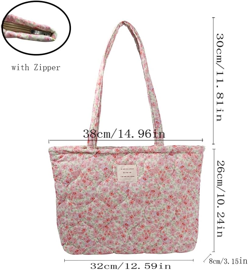 Floral Quilted Tote Bag with Zipper Lightweight Reusable for Women Cotton Shoulder Bag for Travel Shopping Daily Use - Image 4