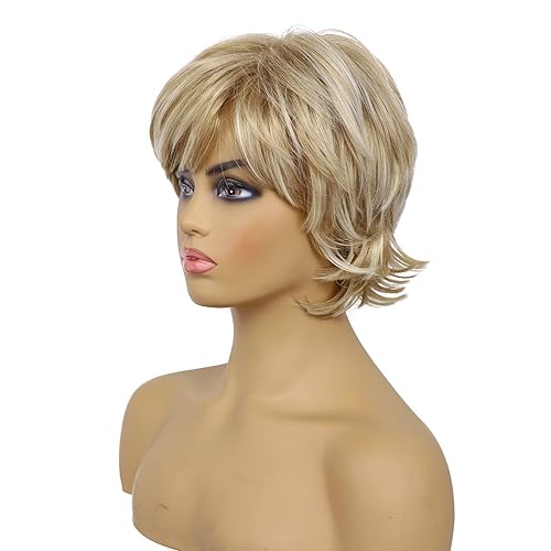 Miniatura 6 de Pelucas cortas rubias con corte Pixie para mujeres blancas con flequillo pelucas de cabello sintético ondulado natural pelucas de repuesto de fibra