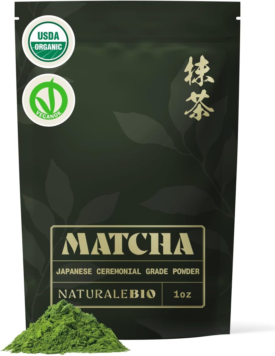 NaturaleBio Ceremonial Grade Matcha Powder Organic 1oz. Matcha Green Tea Powder. From Uji, Kyoto for Traditional Japanese Tea Ceremony. Matcha Powder Free of Added Sugars and Preservatives.