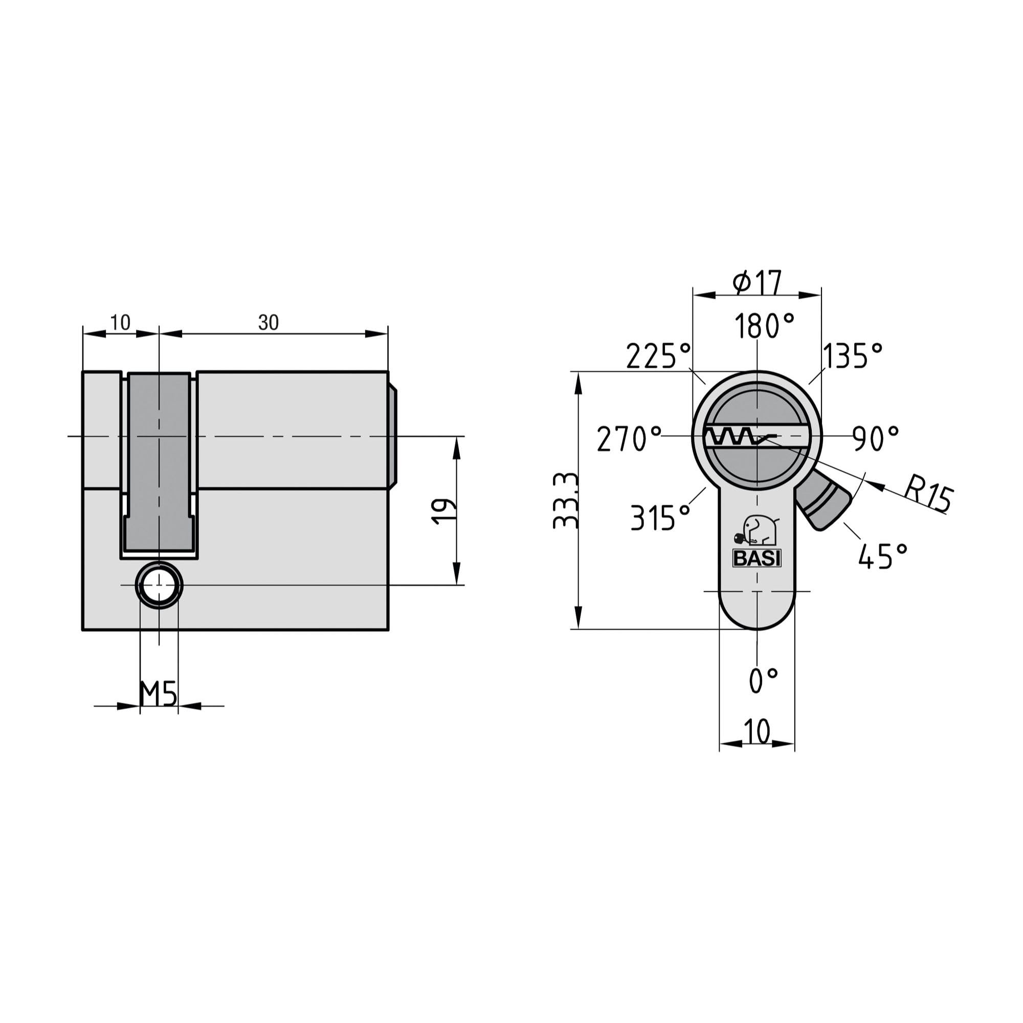BASI Lucchetto per tenda in ottone, con cilindro di chiusura e 5 chiavi, profilo intercambiabile, 10/30 mm, altezza staffa: 40 mm, spessore staffa: 8 mm