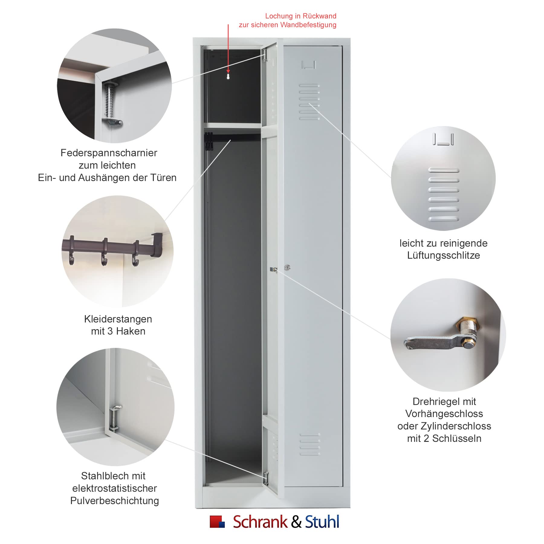 Schrank & Stuhl Spind – Metallspind mit 2 Abteilen, Schließfachschrank mit Hutboden, 30 cm Abteilbreite, Lieferung komplett montiert (Grau, mit Drehriegelverschlüssen)