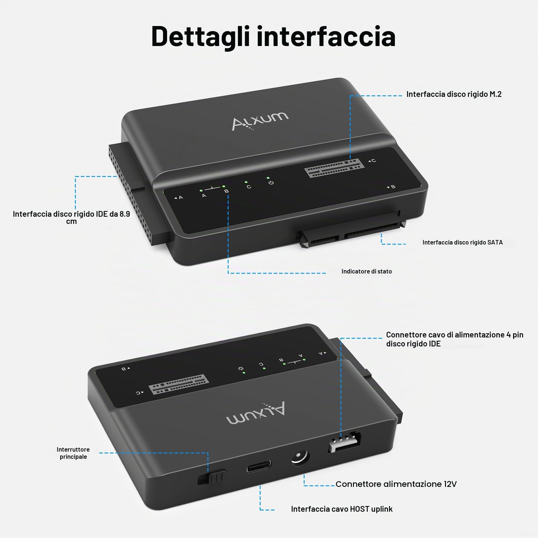 Alxum SSD Enclosure IDE M2 NVME e adattatore per HDD e SSD, adattatore da 10Gbps USB TypeC a M.2 e SATA3 e IDE per PCIe/Nvme e HDD/SSD