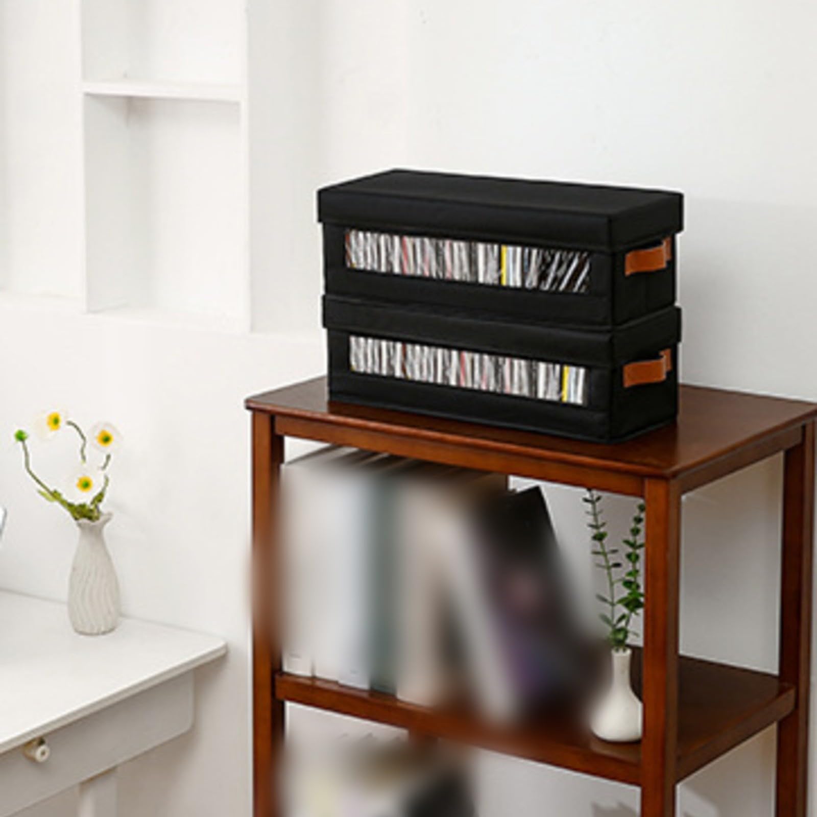 Scatola di archiviazione CD con pannello frontale trasparente, portaoggetti impilabile in tessuto Oxford per 37 custodie, con manici per organizzare e proteggere la collezione musicale a