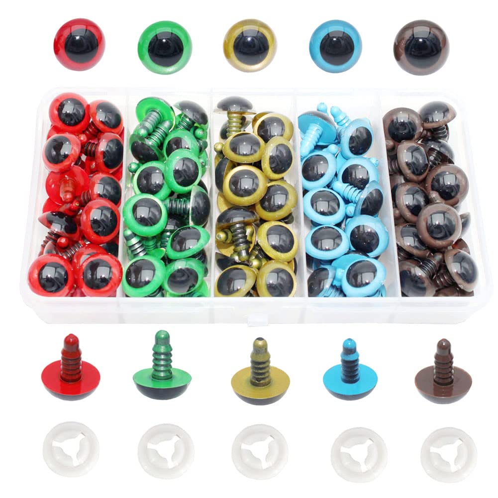 BESTCYC 1Box(70pcs) 5Colors 15mm Plastic Safety Eyes Round Colorful Craft Eyes Stuffed Animal Eyes with Washers for DIY of Puppet, Bear Crafts, Crochet Toy Doll Making Supplies