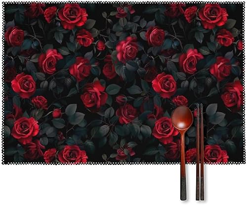 Miniatura 1 de Red Rose Placemats Set of 6 Resistant Table Mats Washable Place Mats for Dinner Party Table Decoration