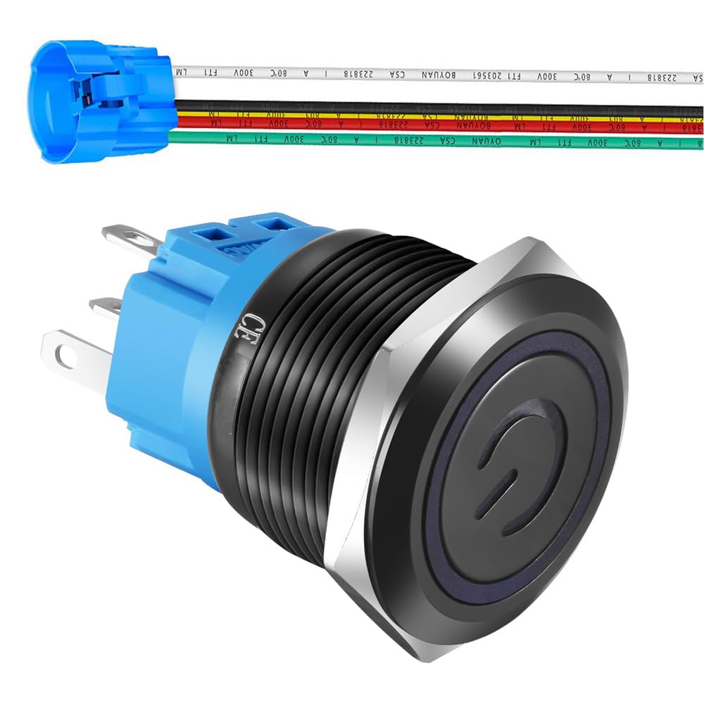 Gebildet 22mm Stainless Steel Latching Push Button Switch 110V-220V/5A Power Symbol LED 1NO1NC SPDT ON Off Waterproof Toggle Switch with Wire Socket Plug (Blue LED/Black Shell)