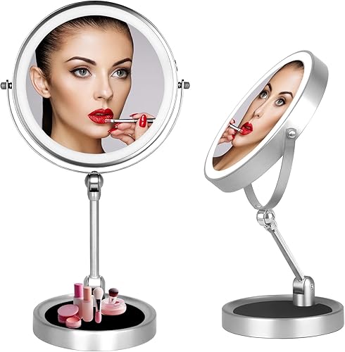 Espejo de maquillaje iluminado de 8 pulgadas, espejo de aumento de altura ajustable con luces, 10 espejos de aumento de escritorio con base plegable