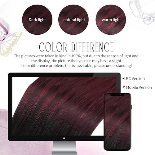Miniatura 9 de Moresoo Extensiones de cabello humano con cinta adhesiva, color negro a rojo vino, extensiones de cabello humano real color burdeos, extensiones de