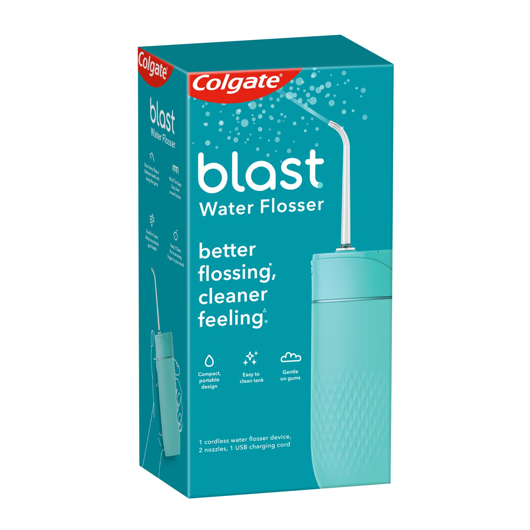 Colgate Blast Cordless Water flosser (Teal) | Blast Away Plaque Between Teeth & Gums | Helps to Promote Gum Health (1 water flosser, 2 nozzles, 1 USB charging cord)