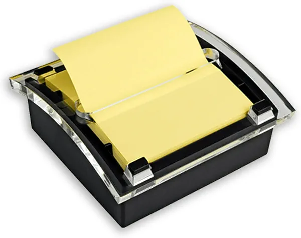 Post-it Note Dispenser, Sticky Note Holder, Black Base, Clear Top, Includes 50 Sheets of 3 in x 3 in Canary Yellow Pop-Up Notes, Classroom or Office Supplies