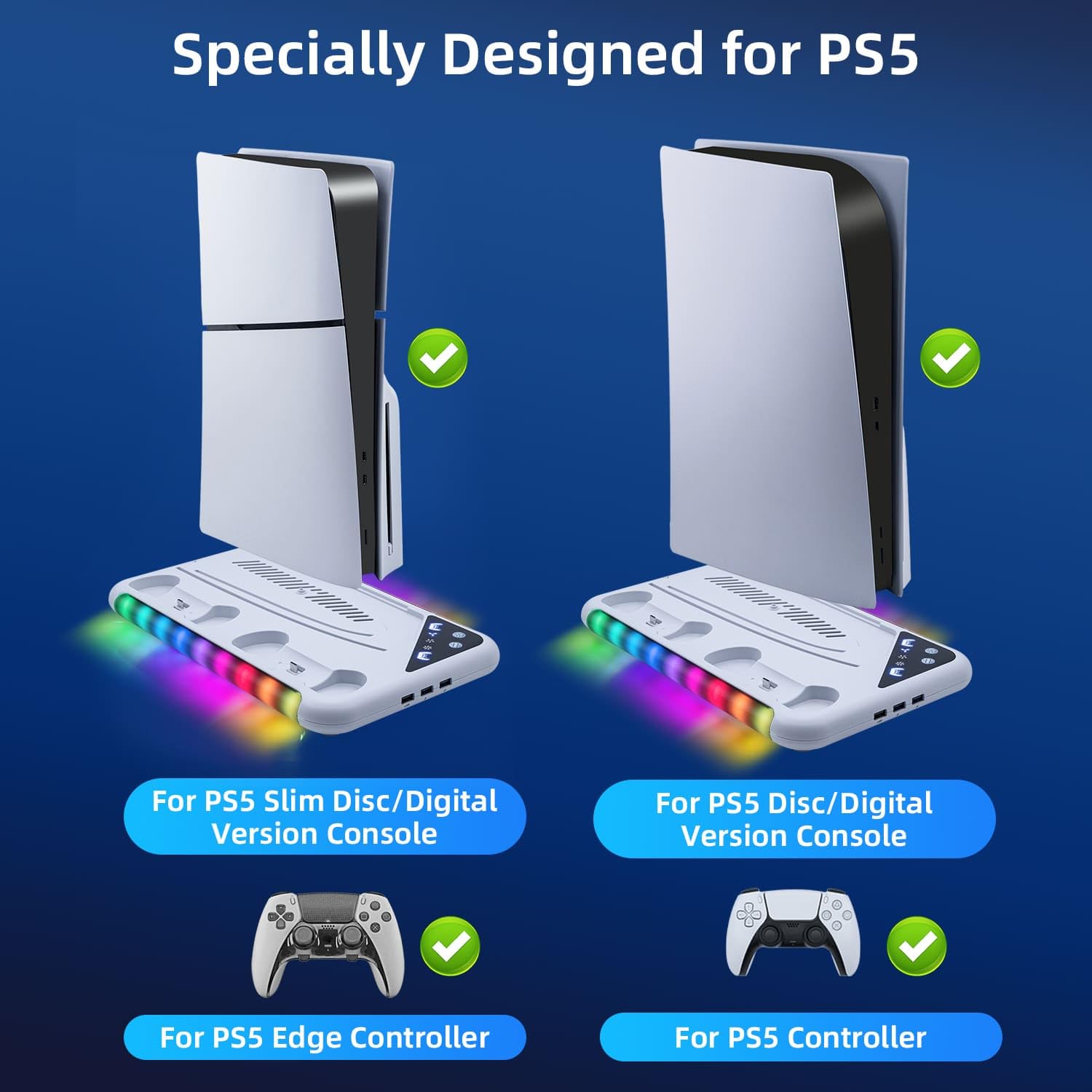 Supporto con ventola per console PS5 Slim/PS5, stazione di ricarica per DualSense/Edge Controller con 9 luci RGB, supporto per cuffie e 3 hub USB per PS5 UHD e Digital-Bianco