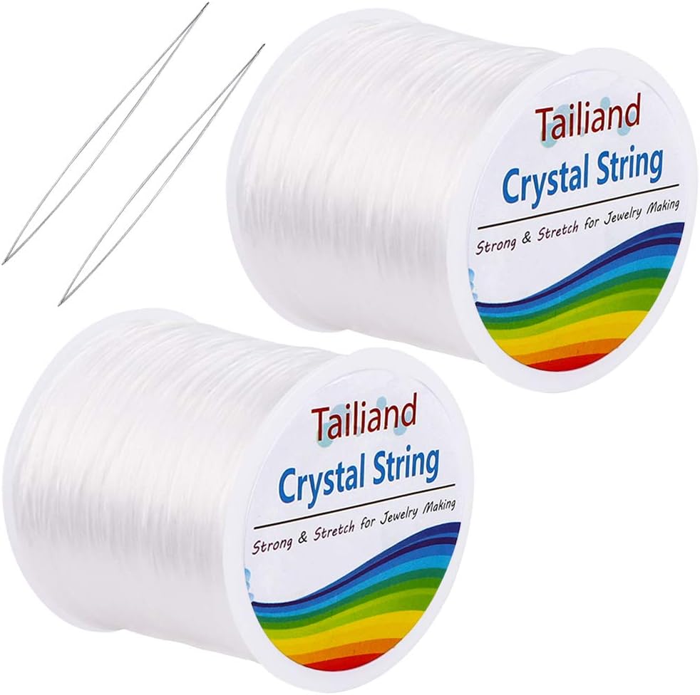 Outkitkit 1mm Elastic String 200m Clear Bead Cord Stretch Bracelet String and 2 Roots Threading Needles for Beading, Jewelry Making